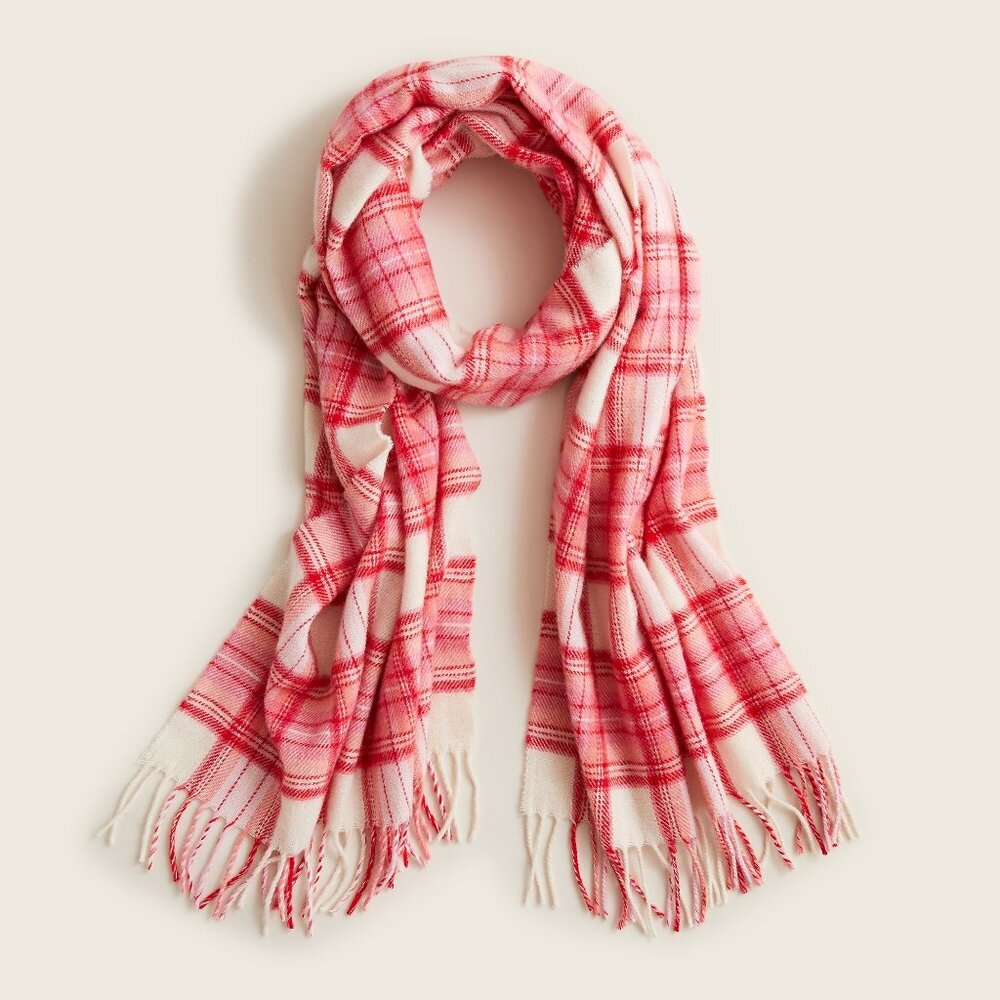 NWT J. Crew Italian Wool Plaid Scarf with Fringe in Pink and White